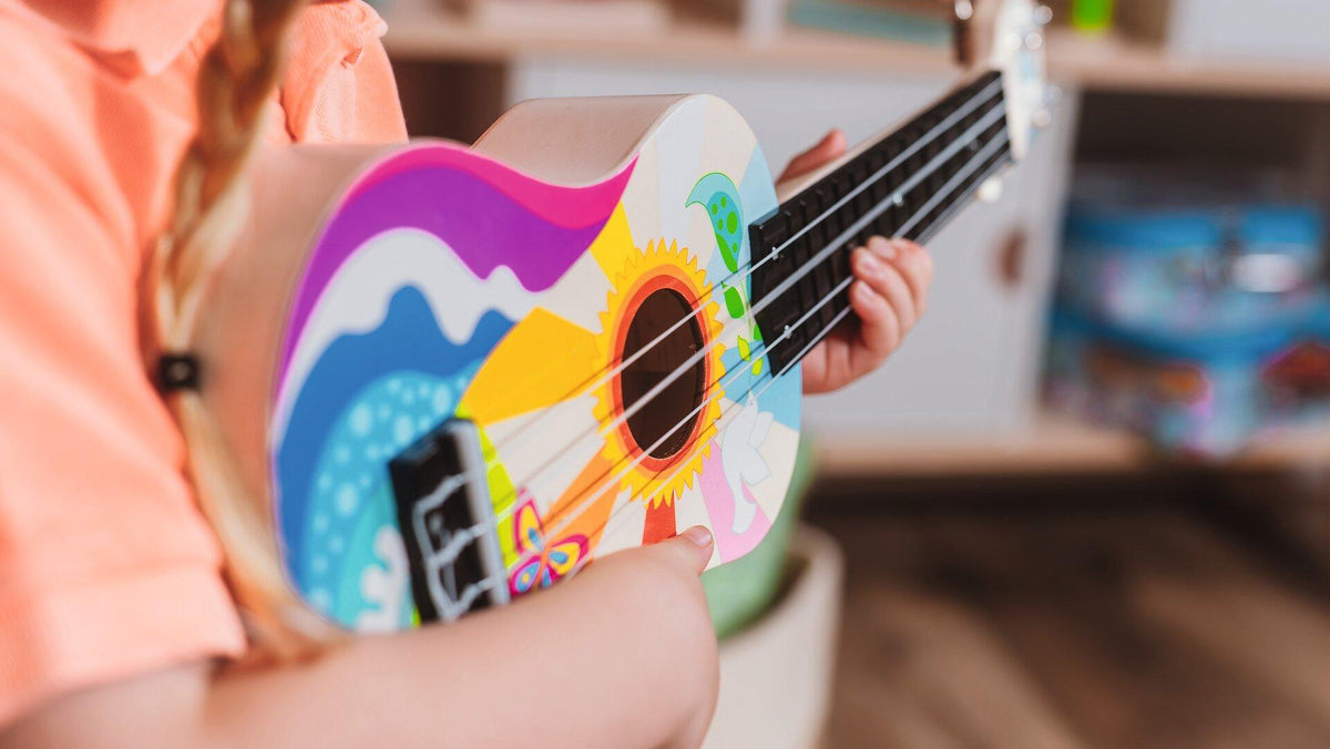 Ukulele Flower Power aus Holz für Kinder ab 5 Jahren – Ansicht