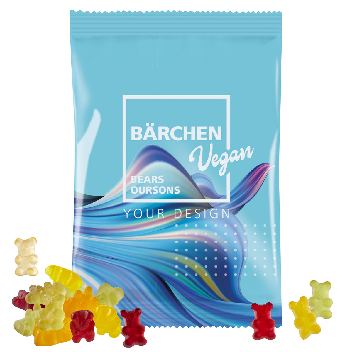 Große weiße Tüte mit 100 g veganen Fruchtgummi und Logo auf der Vorderseite