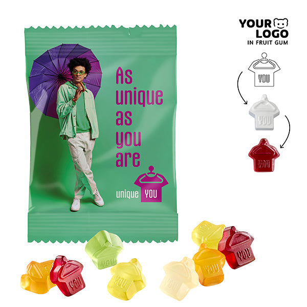 Fruchtgummi mit Pektin in Wunschform im Werbetütchen 85 x 60 mm