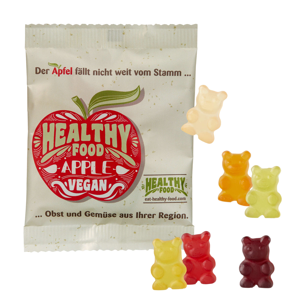 Vegane XXL Bärchen im bedruckten Werbetütchen 100 x 75 mm, Vorderseite