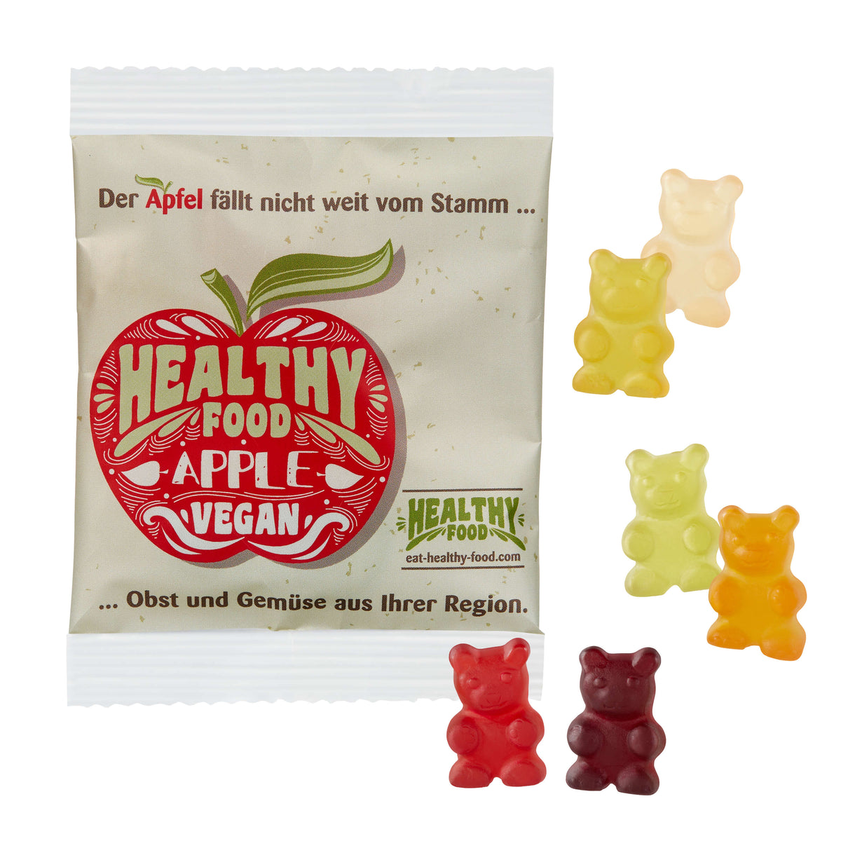 Große Fruchtgummi Bärchen ohne Gelatine, lose neben dem Tütchen