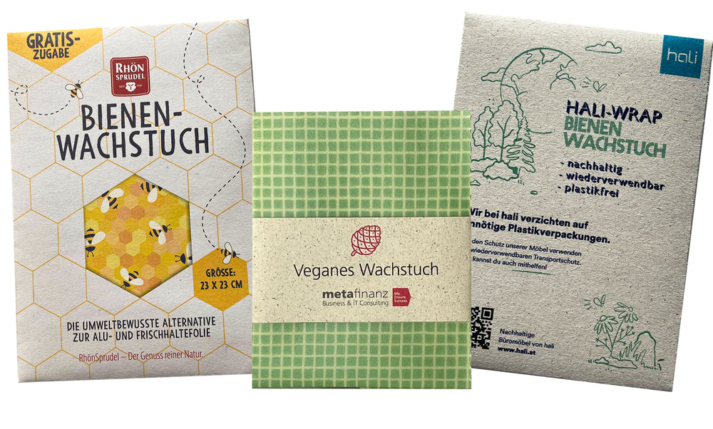 Verpackungen für Bienenwachstücher: Banderole, Briefumschlag und Faltschachtel im Firmendesign