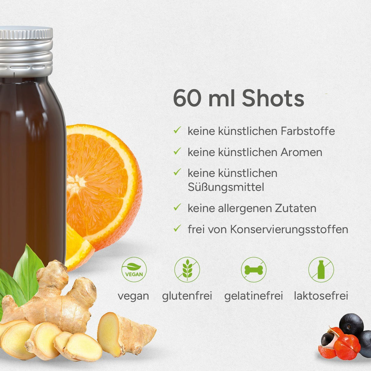 Vitamin Shot Orange Ingwer 60 ml Flasche aus Glas mit Etikett
