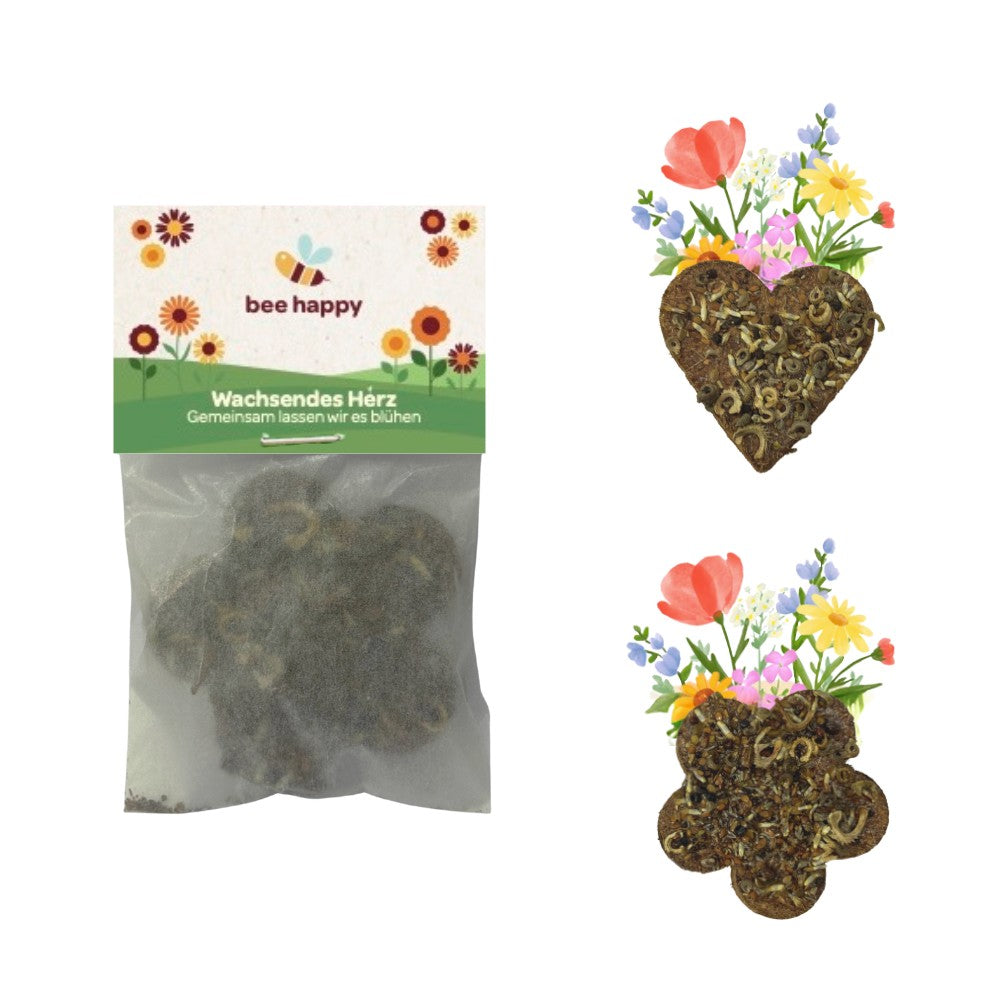 Wachsendes Herz oder Blume mit Logo im Pergamintütchen