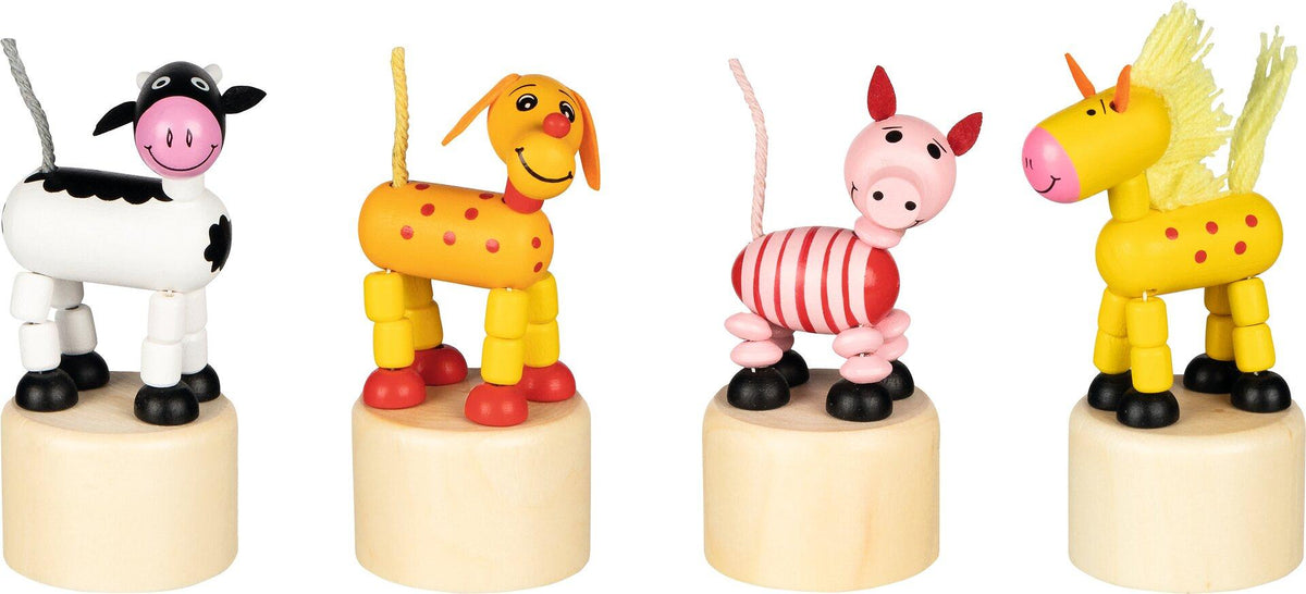 Wackelfiguren Kuh, Hund, Schwein und Pferd aus Holz