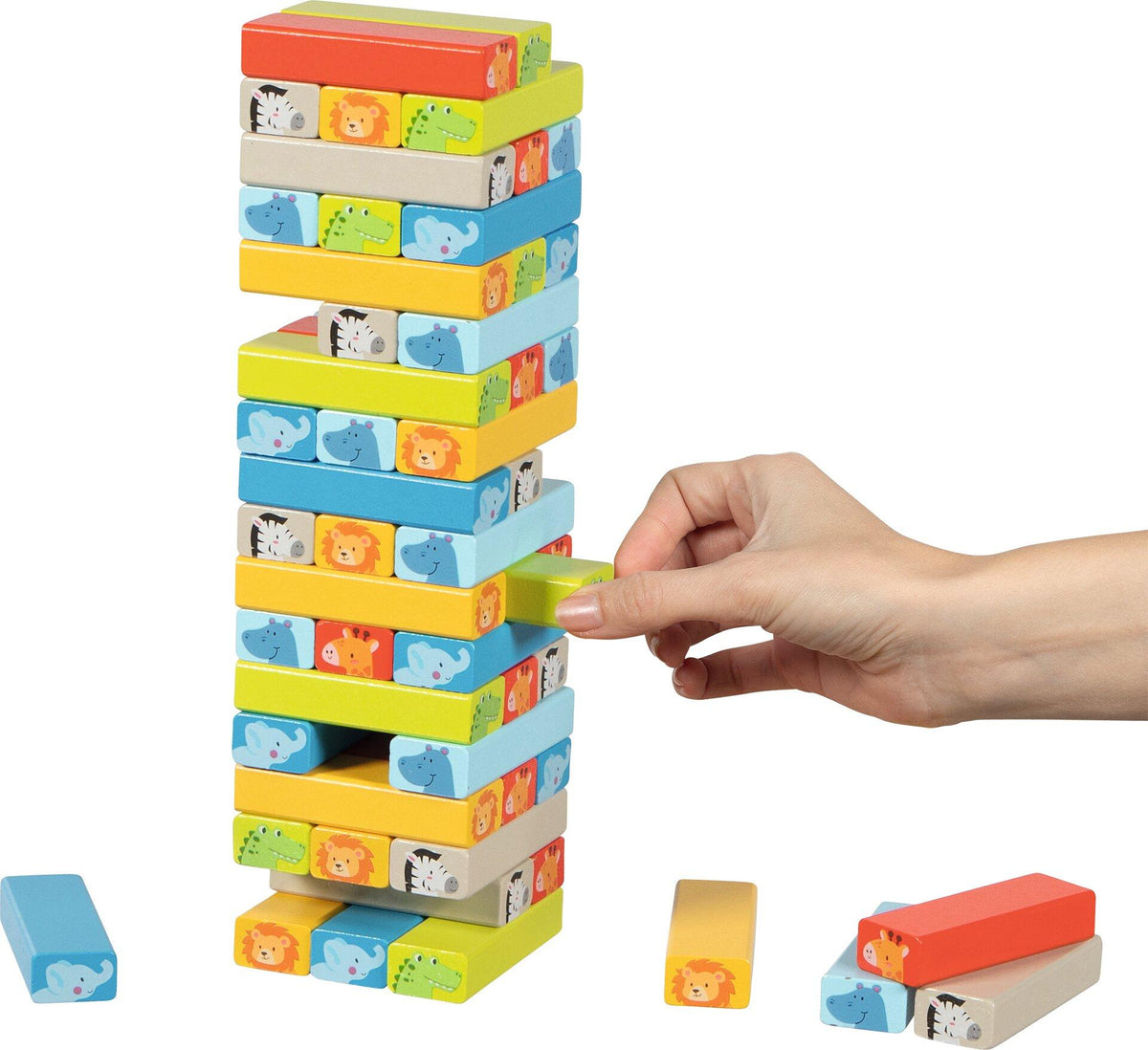 Wackelturm mit Tiermotiven und 55 Holzteilen von goki – Ansicht