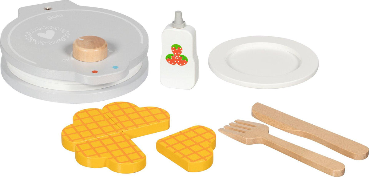 Waffeleisen aus Holz mit Waffeln, Teller und Besteck, 9 Teile – Ansicht