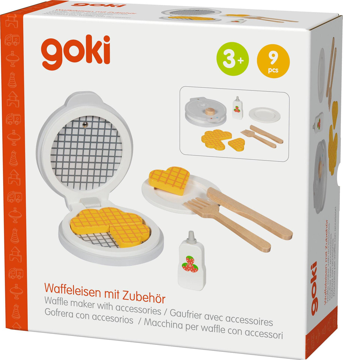 Waffeleisen aus Holz mit Waffeln, Teller und Besteck, 9 Teile – Verpackung