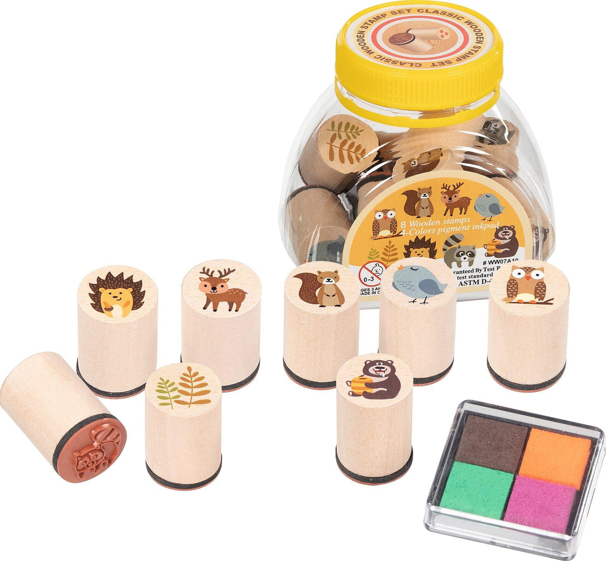 Waldtiere Stempelset aus Holz mit Igel, Reh und Eule
