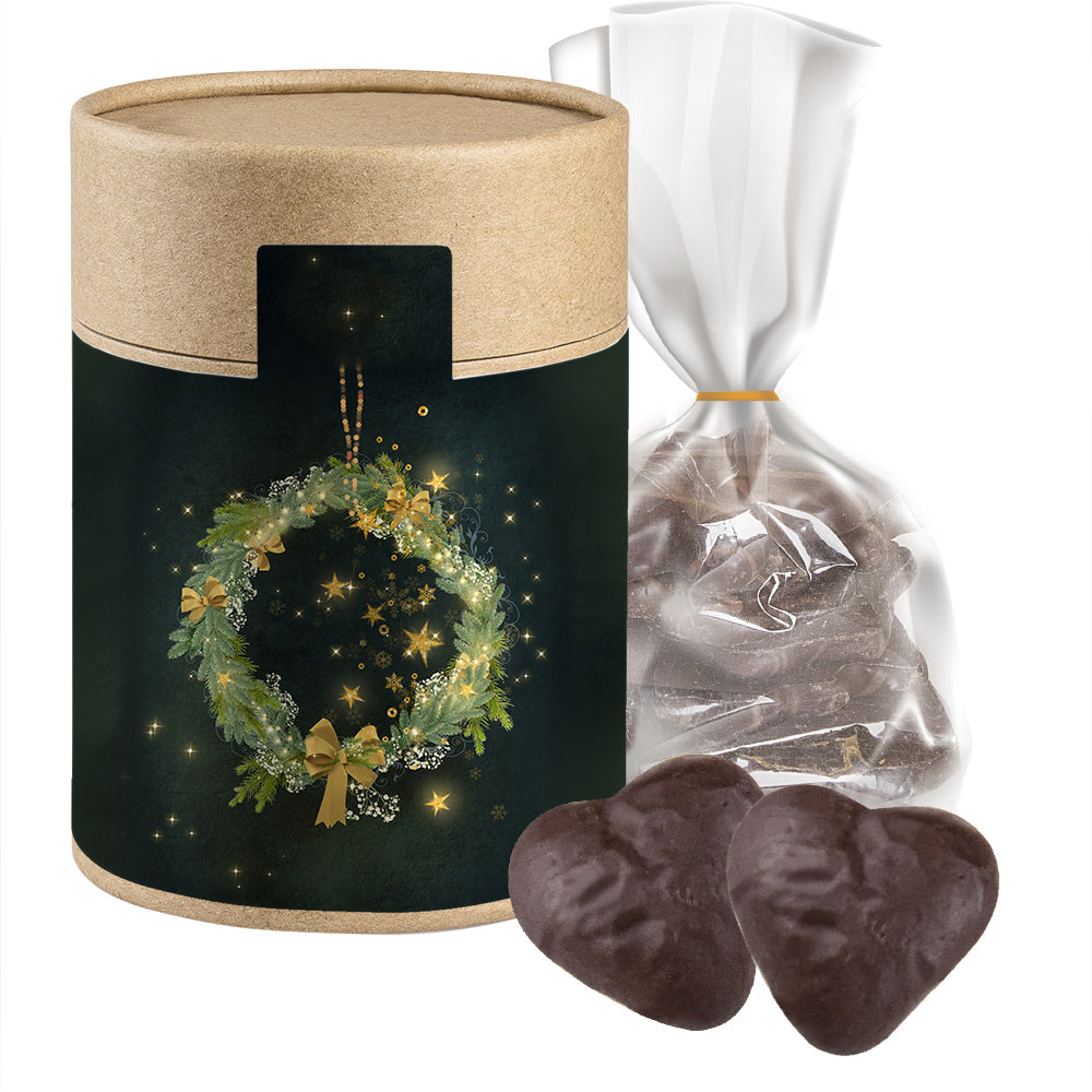 Weihnachtsgebäck im Beutel in der Kraftpapierdose – Lebkuchen Schokoherzen gefüllt, ca. 100 g