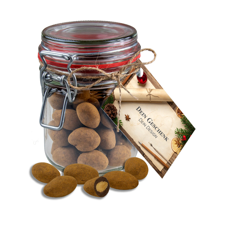 Weihnachtsglas mit Werbekarte und Mandeln – Schokomandeln mit Zimt, ca. 200 g