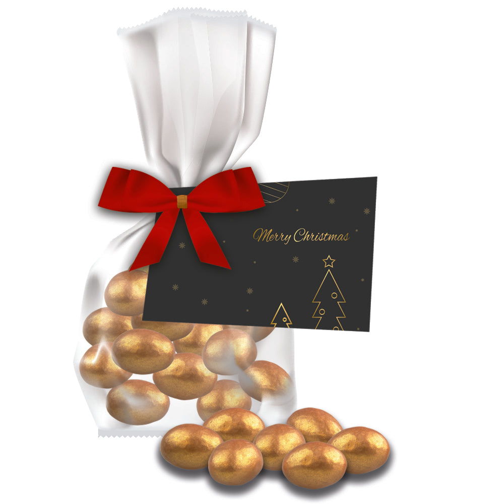 Weihnachtsmandeln im Flachbeutel mit Werbekarte – Goldene Salted Caramel Mandeln, ca. 30 g