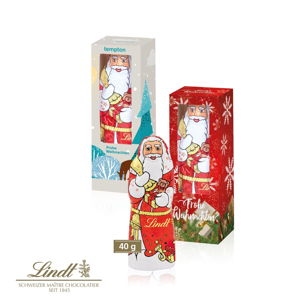 Längliche Werbekartonage mit individuellem Motiv für eine Schokofigur