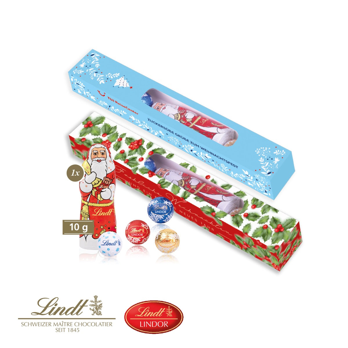 Längliche Werbeverpackung aus Karton mit individuellem Weihnachtsmotiv