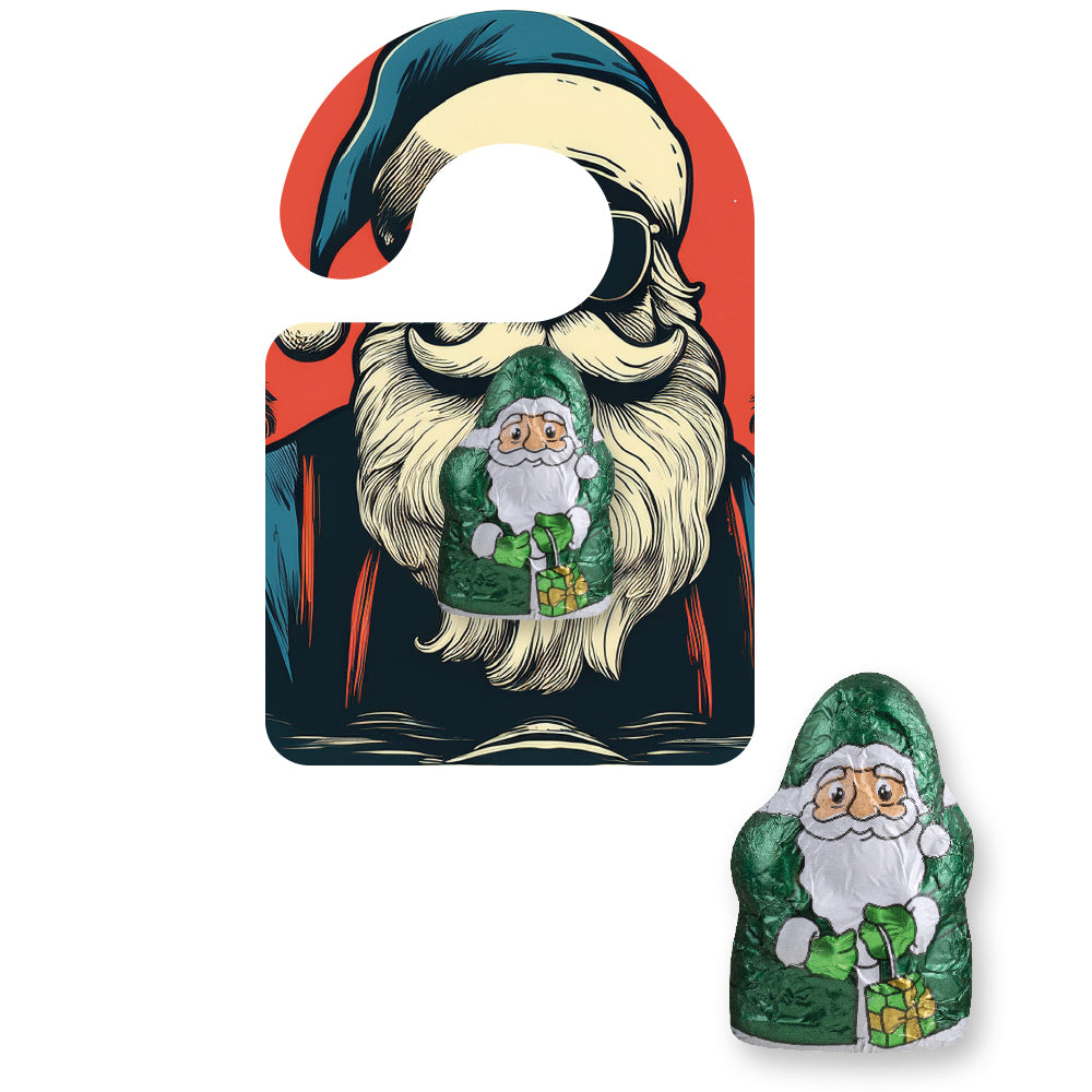 Weihnachtsschokolade auf dem Flyer zum Aufhängen – Mini Schoko Weihnachtsmänner mit Hirse und Haselnuss, ca. 7 g