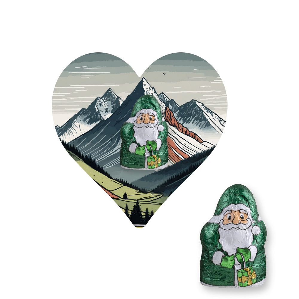 Weihnachtsschokolade auf der herzförmigen Flyerkarte – Mini Schoko Weihnachtsmänner mit Hirse und Haselnuss, ca. 7 g