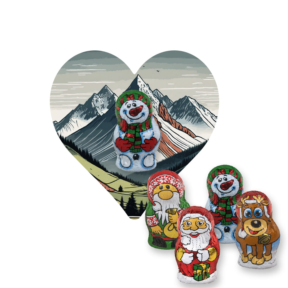 Weihnachtsschokolade auf der herzförmigen Flyerkarte – Schoko Weihnachts Mix, ca. 7 g