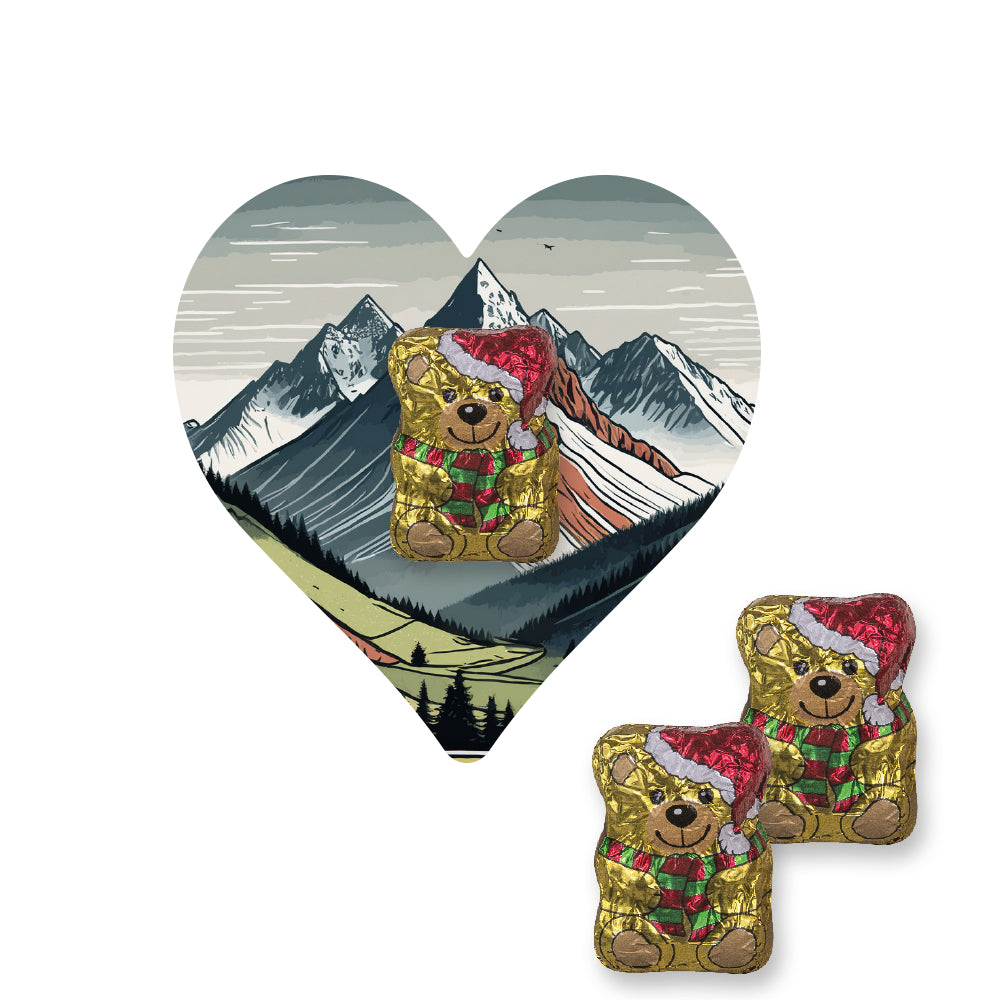 Weihnachtsschokolade auf der herzförmigen Flyerkarte – Schoko Weihnachtsbärchen, ca. 7 g