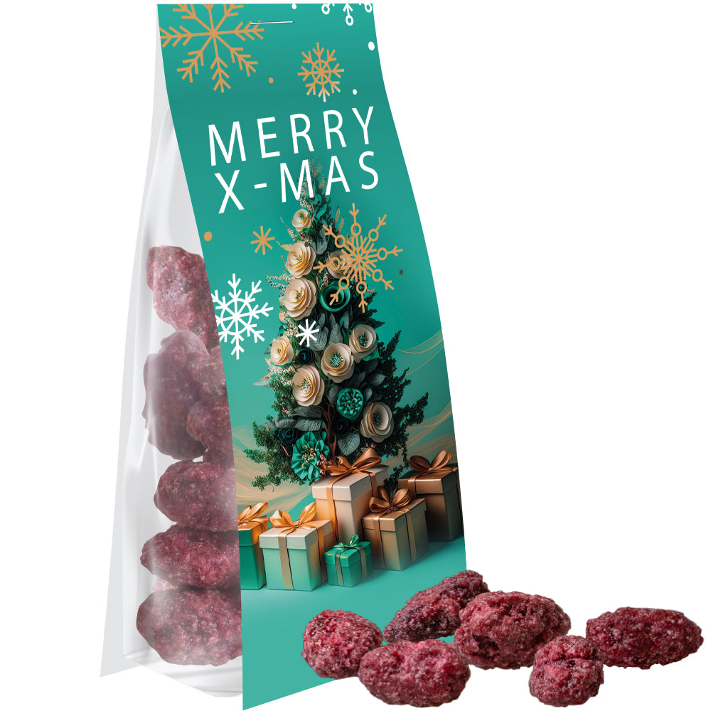 Weihnachtsschokolade im Standbeutel mit Werbereiter – Gebrannte Mandeln Himbeere, ca. 40 g