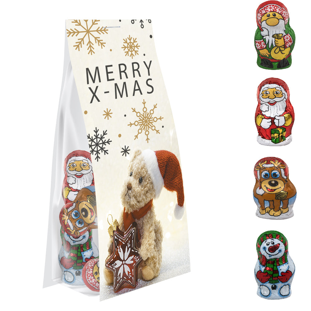 Weihnachtsschokolade im Standbeutel mit Werbereiter – Schoko Weihnachts Mix, ca. 40 g