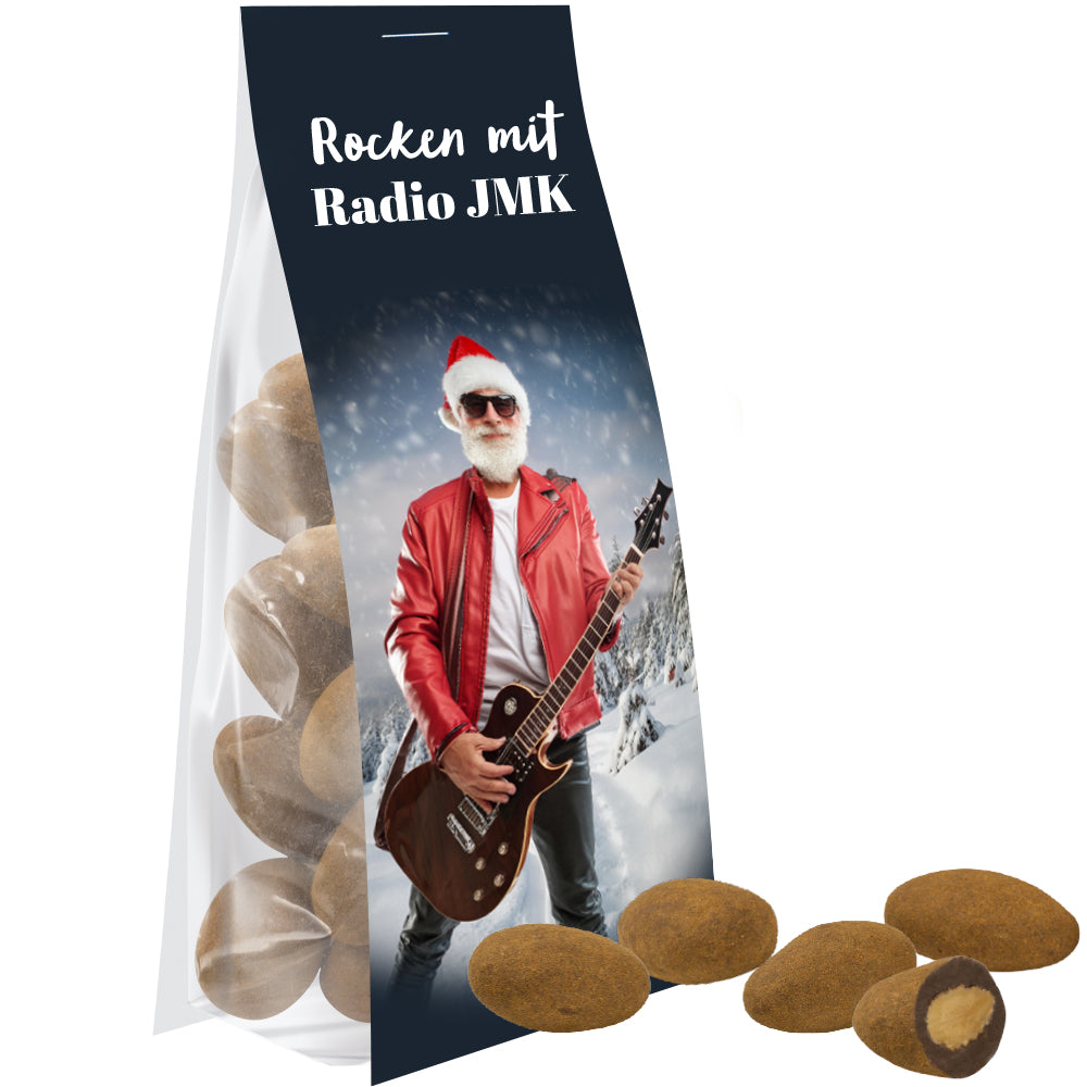 Weihnachtsschokolade im Standbeutel mit Werbereiter – Schokomandeln mit Zimt, ca. 40 g
