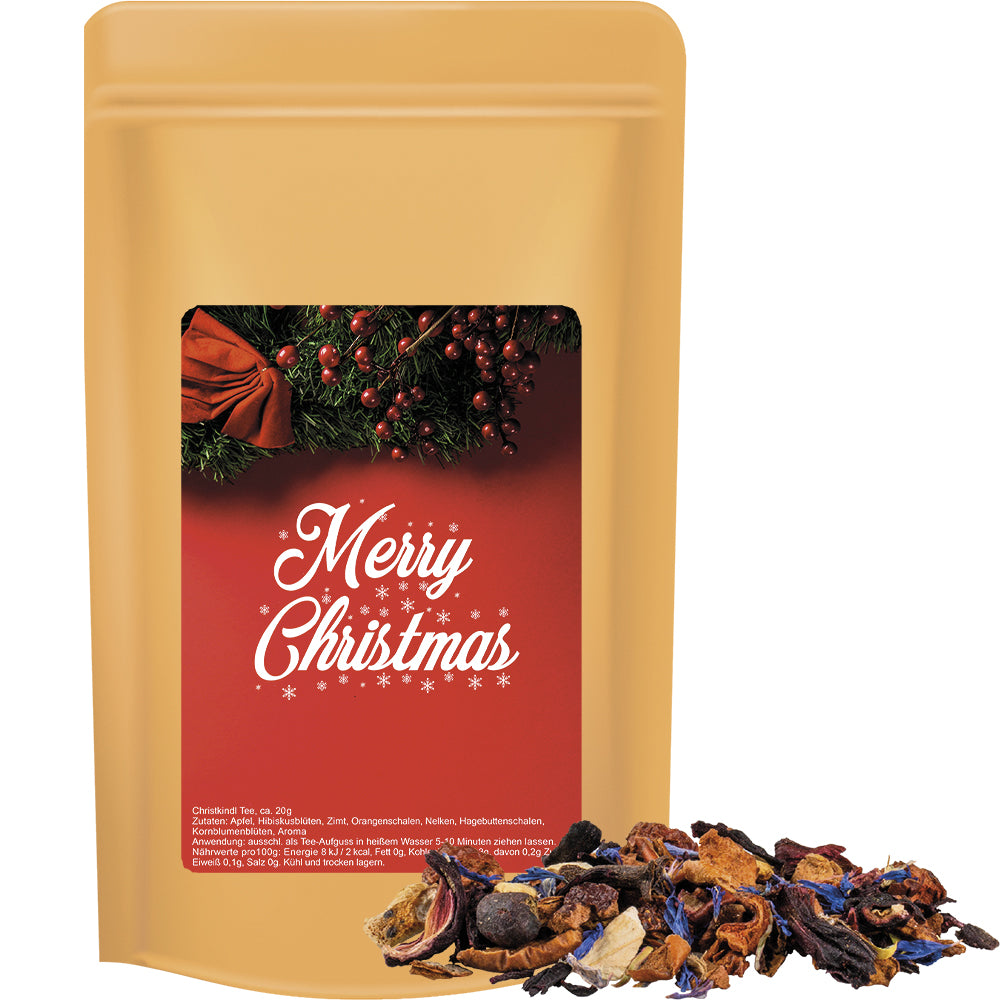 Weihnachtstee im Standbeutel Midi aus Kraftpapier – Christkindl Tee, ca. 50 g