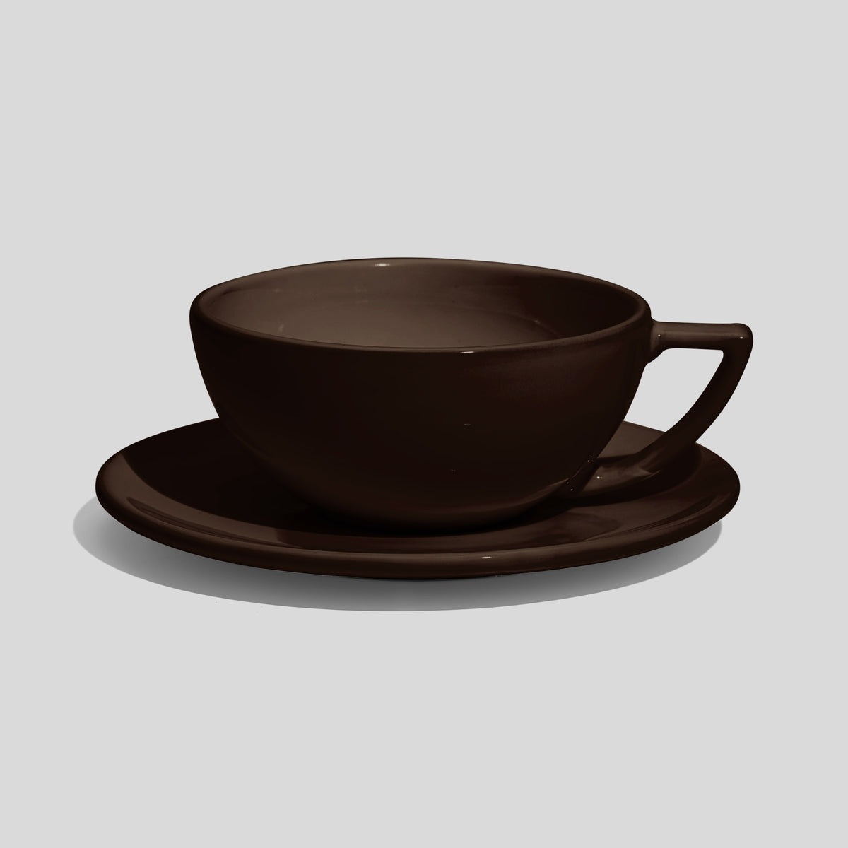 Weite Schalentasse mit Dreiecksgriff und Untertasse 280 ml – Dunkelbraun