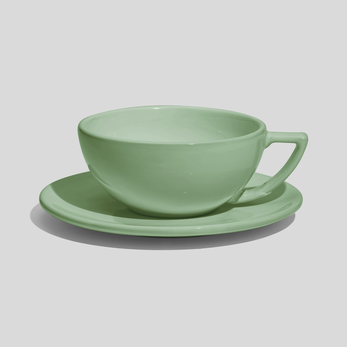 Weite Schalentasse mit Dreiecksgriff und Untertasse 280 ml – Mintgrün
