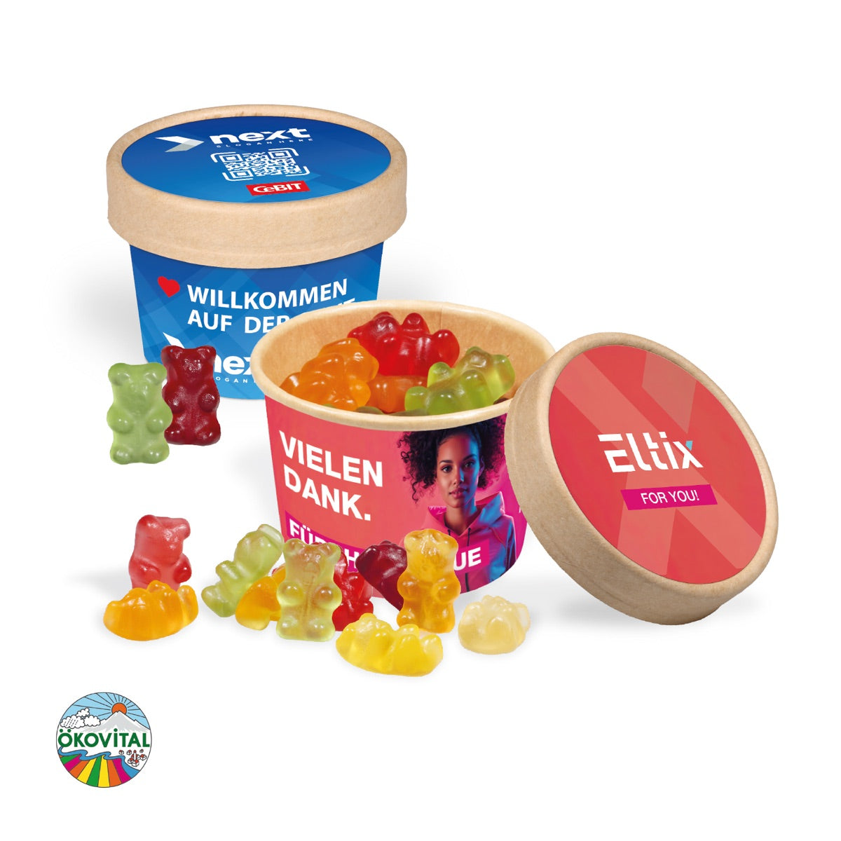 Werbe Fruchtgummi Paperbox mit Einleger und Banderole