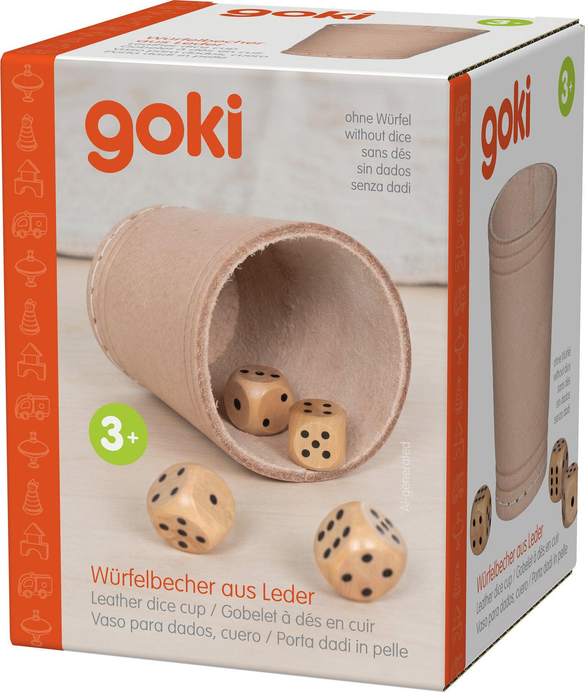 Würfelcup aus hellem Büffelleder mit Naht, Ø 7 cm – Verpackung