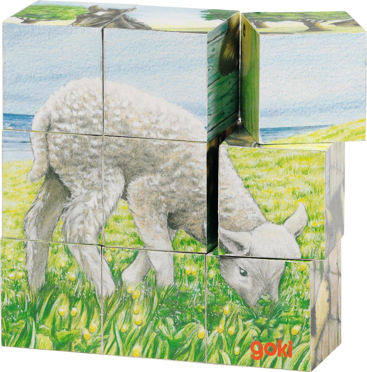 Würfelpuzzle Bauernhoftiere mit Lamm aus Holz von goki – Ansicht