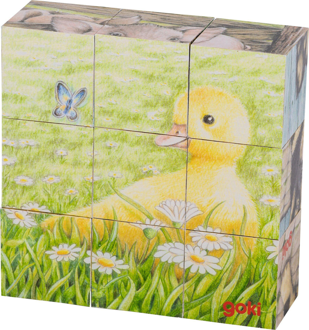 Würfelpuzzle Bauernhoftiere mit Lamm aus Holz von goki – Nahaufnahme