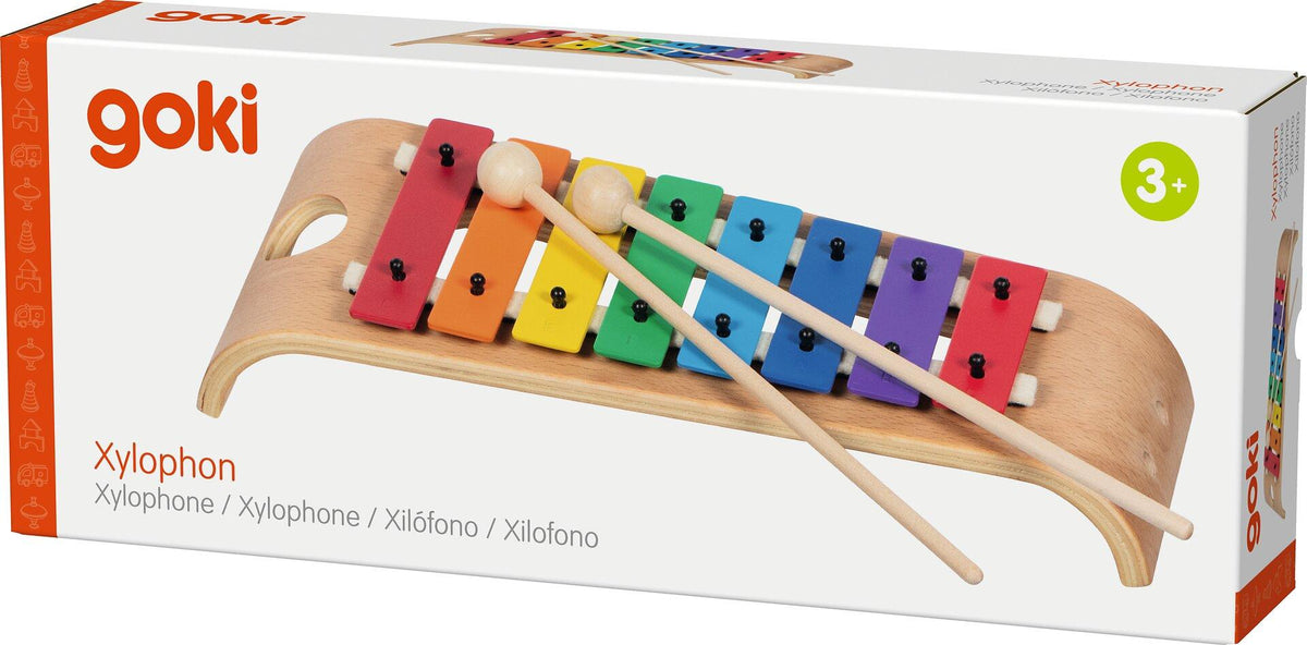 Xylophon 28 cm mit acht Metallplatten und zwei Klöppeln – Nahaufnahme