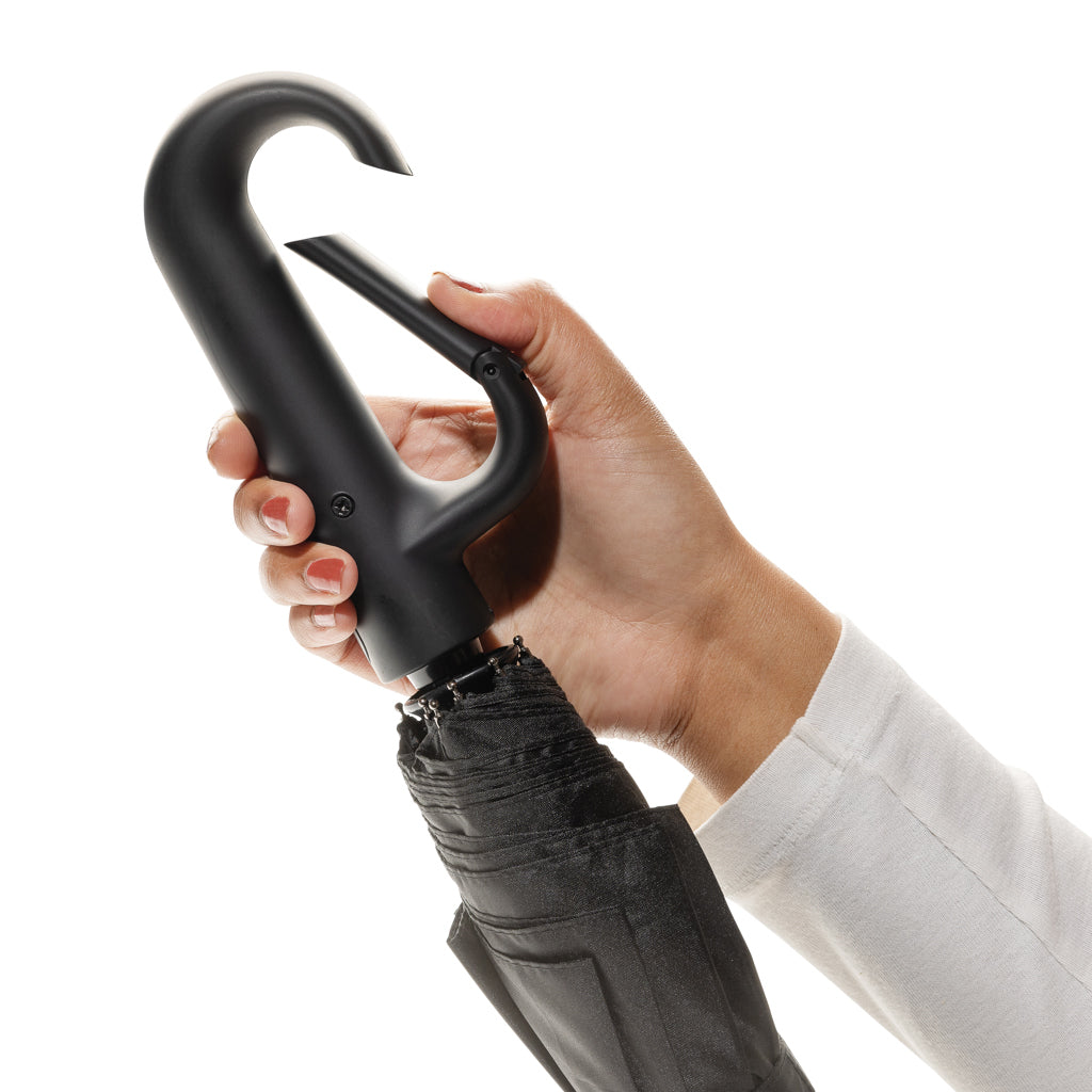 Yara 21“ AWARE™ rPET Regenschirm mit Karabiner – schwarz