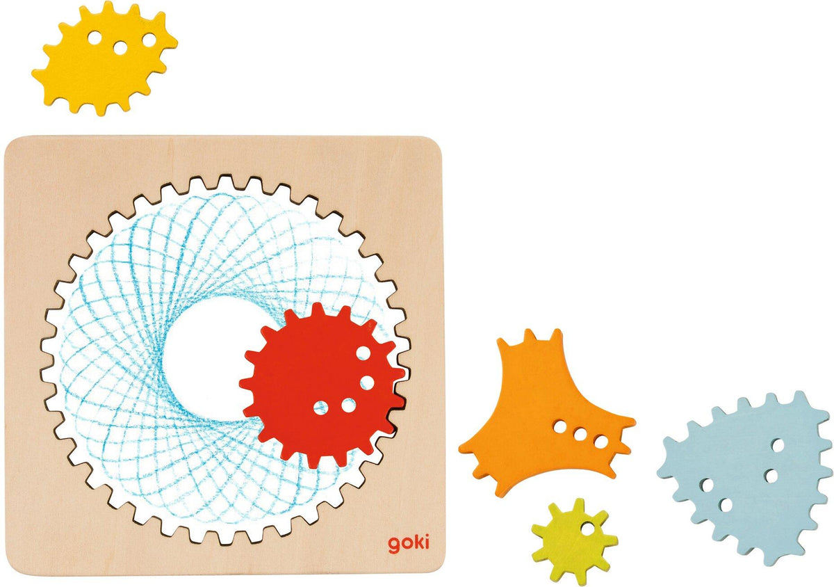 Zahnrad Zeichenset Spirograph aus Holz mit sechs Teilen – Ansicht