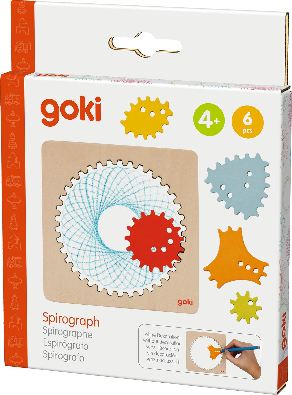 Zahnrad Zeichenset Spirograph aus Holz mit sechs Teilen – Verpackung