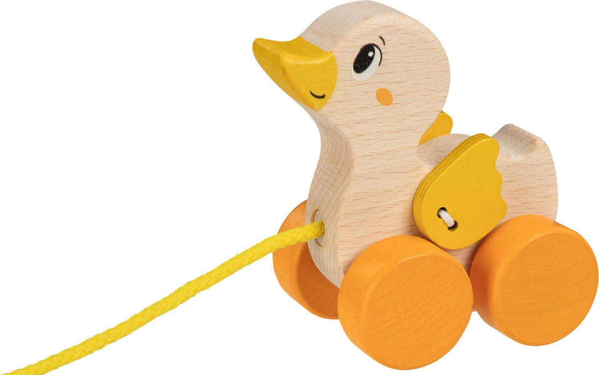 Ziehtier Ente mit orangefarbenen Rädern und gelber Schnur – Ansicht