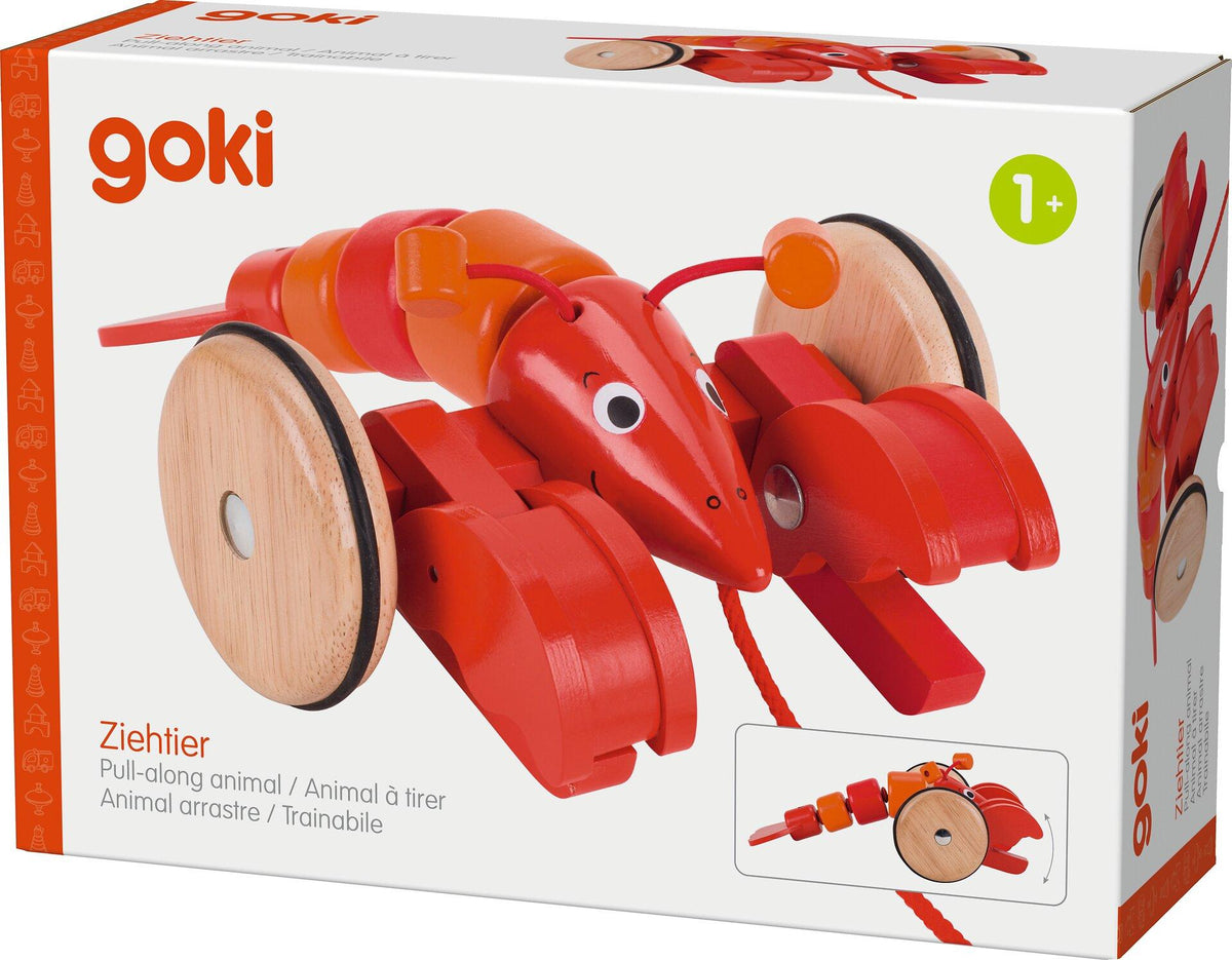 Ziehtier Hummer Rüdiger in Rot und Orange aus Holz – Nahaufnahme