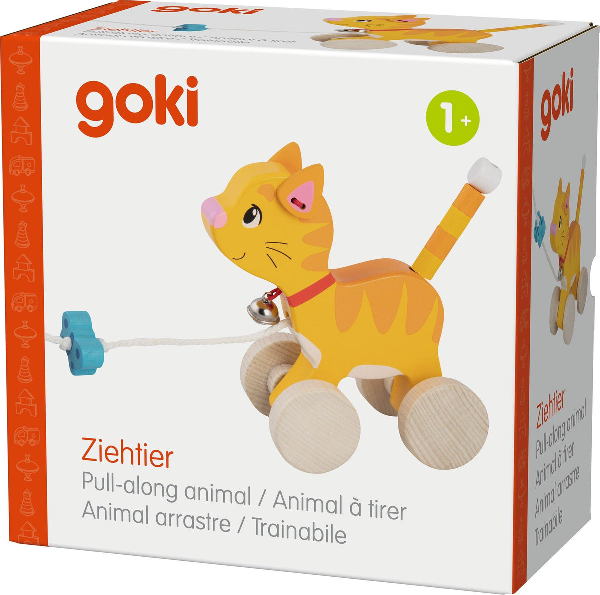 Ziehtier Katze mit Glöckchen und Schmetterling an der Schnur – Seitenansicht